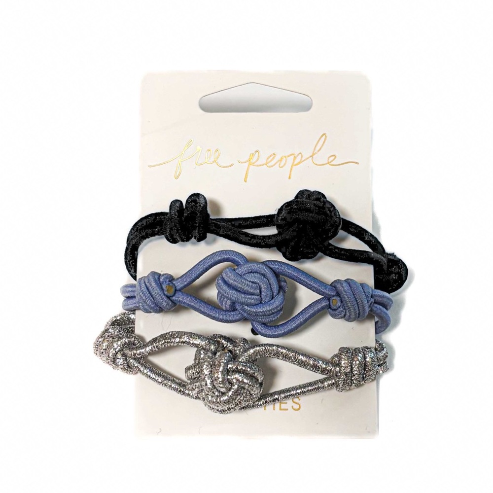 NEW - 3PC Free People Black, Blue, & Silver Knot Elastic Hair Ties - Boho Chic